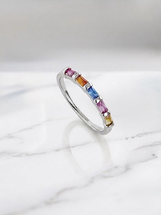 SC JEWELRY Jewelry - Platinum Plated Multicolor Baguette Crystal Ring | Silver Stackable Band Ring